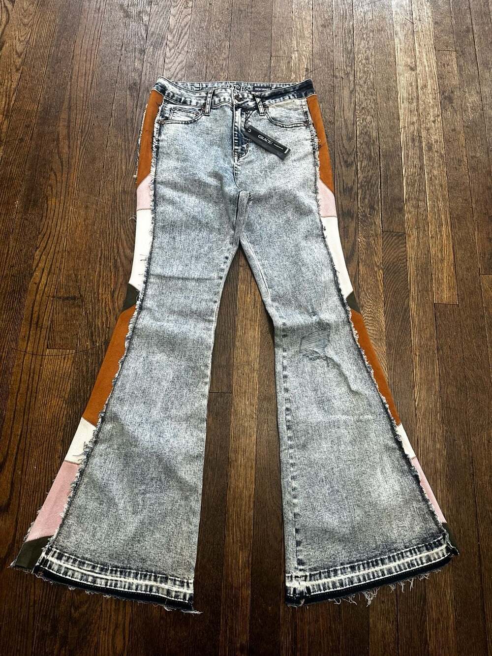Grace In LA Women's High Waist Acid Wash Patchwork Boho Flare Jeans Size 30
